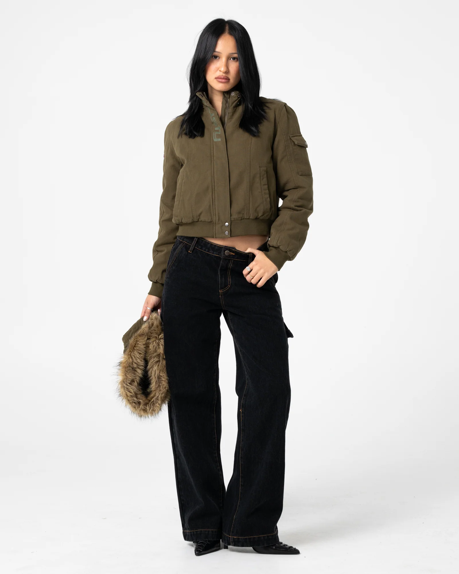 Campera Abrigo Rusty Ultra Furry Bomber Jacket Army Green - Image 3