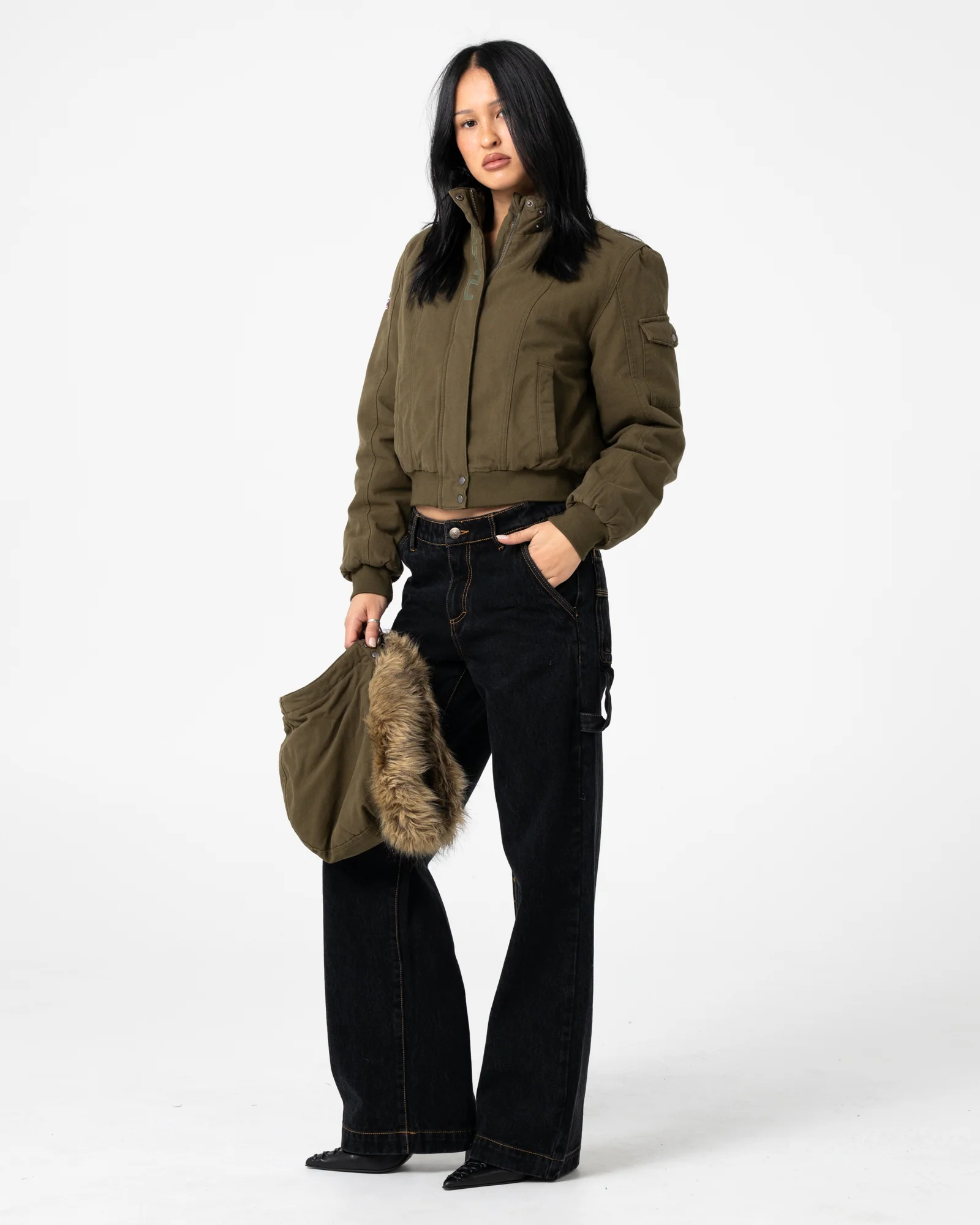 Campera Abrigo Rusty Ultra Furry Bomber Jacket Army Green - Image 6