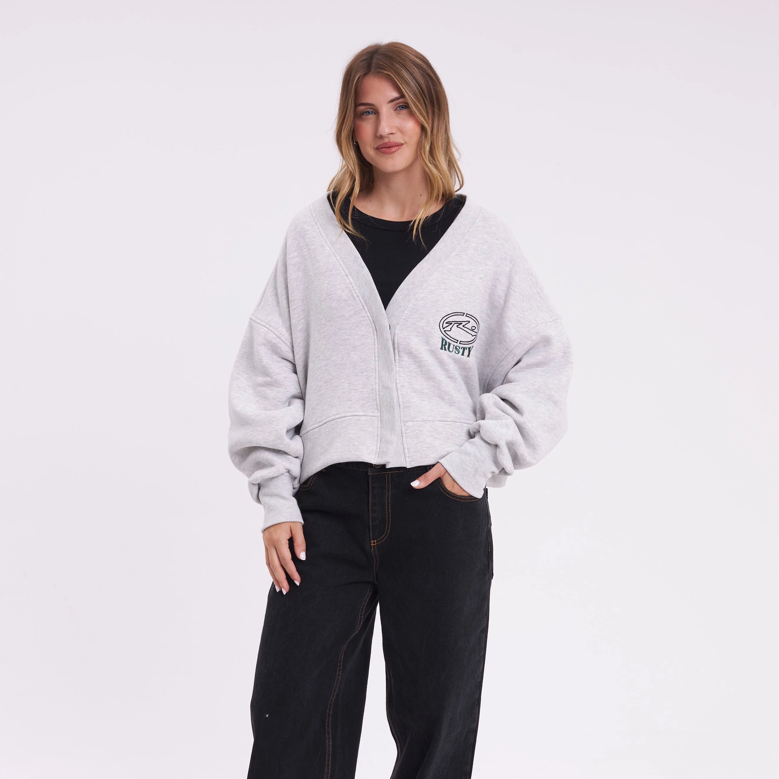 Campera Canguro Rusty Atomic Fleece Cardigan Ld Grey Marle - Image 4