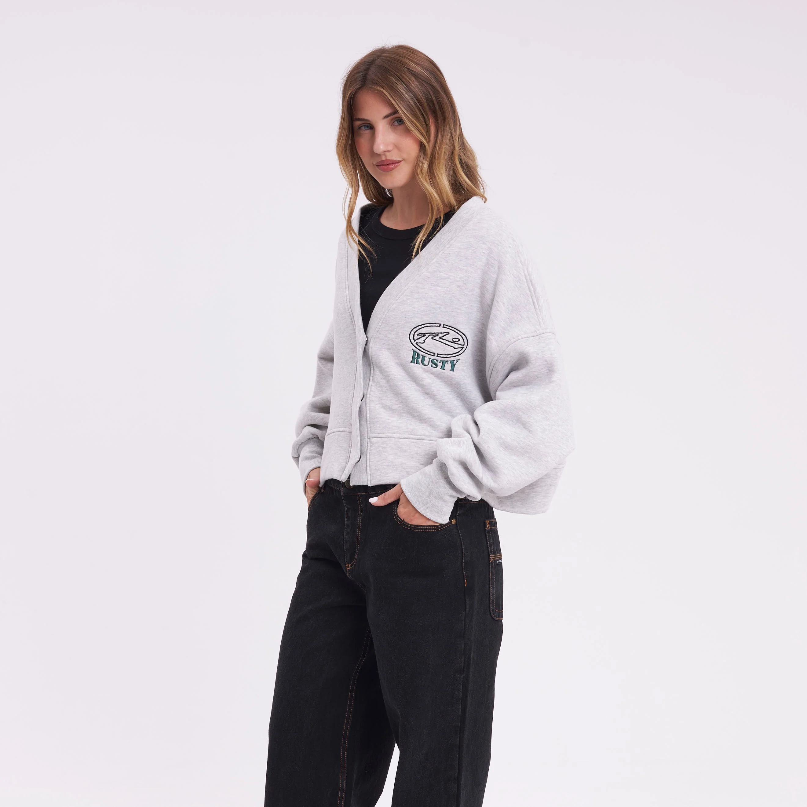 Campera Canguro Rusty Atomic Fleece Cardigan Ld Grey Marle - Image 5