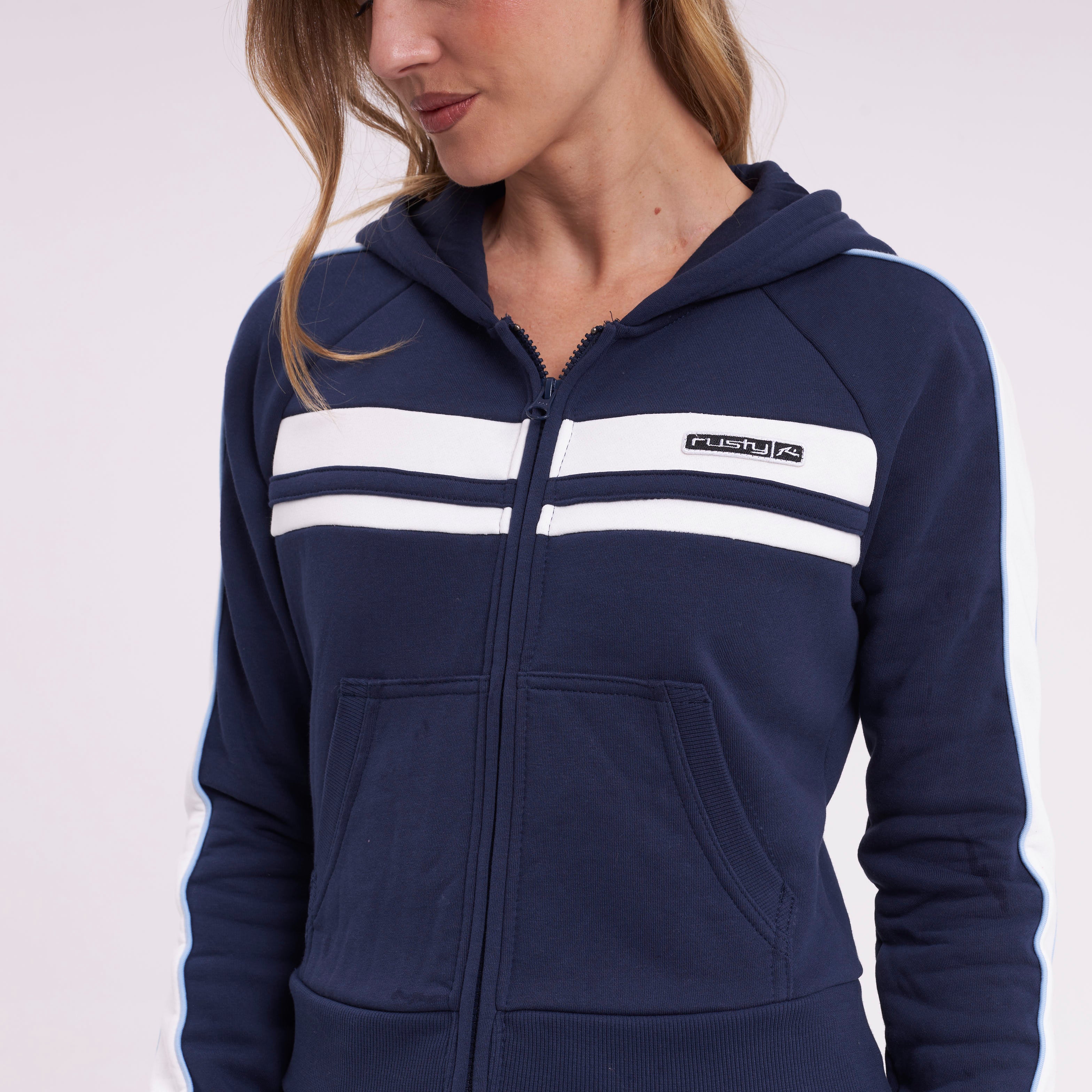 Campera Canguro Rusty Retro Lines Zip Through Hooded Fleece Navy Blue - Image 3