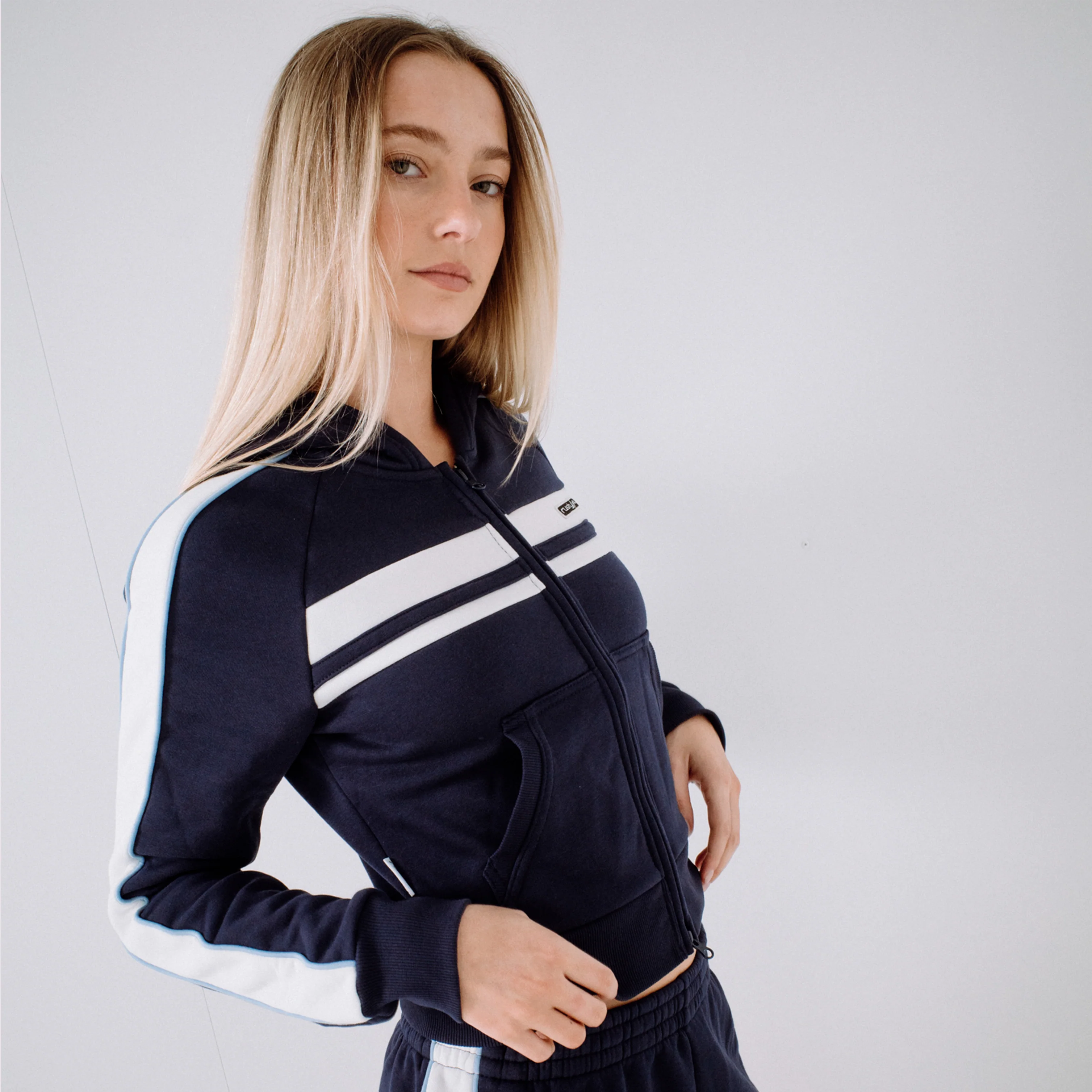 Campera Canguro Rusty Retro Lines Zip Through Hooded Fleece Navy Blue - Image 4