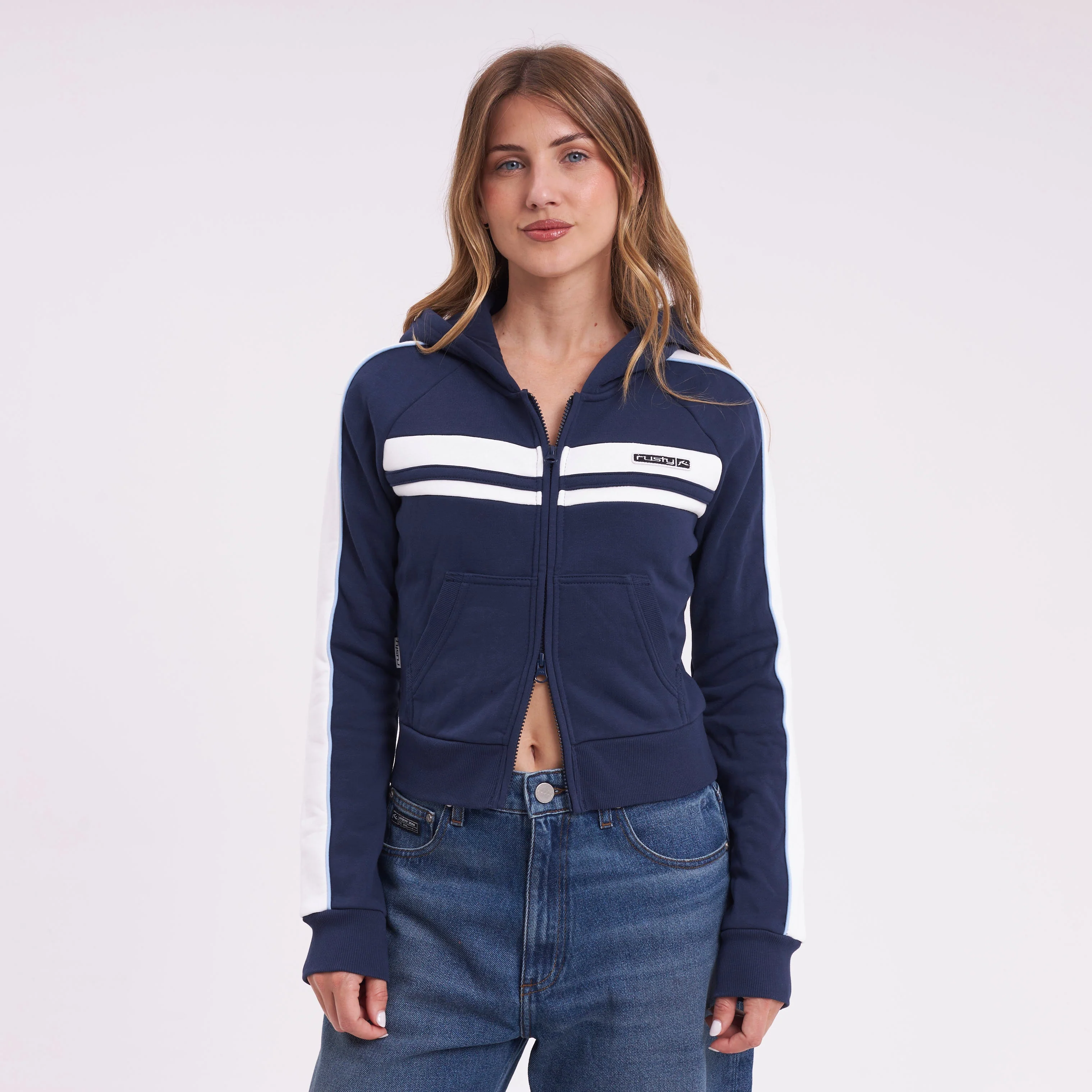 Campera Canguro Rusty Retro Lines Zip Through Hooded Fleece Navy Blue - Image 7