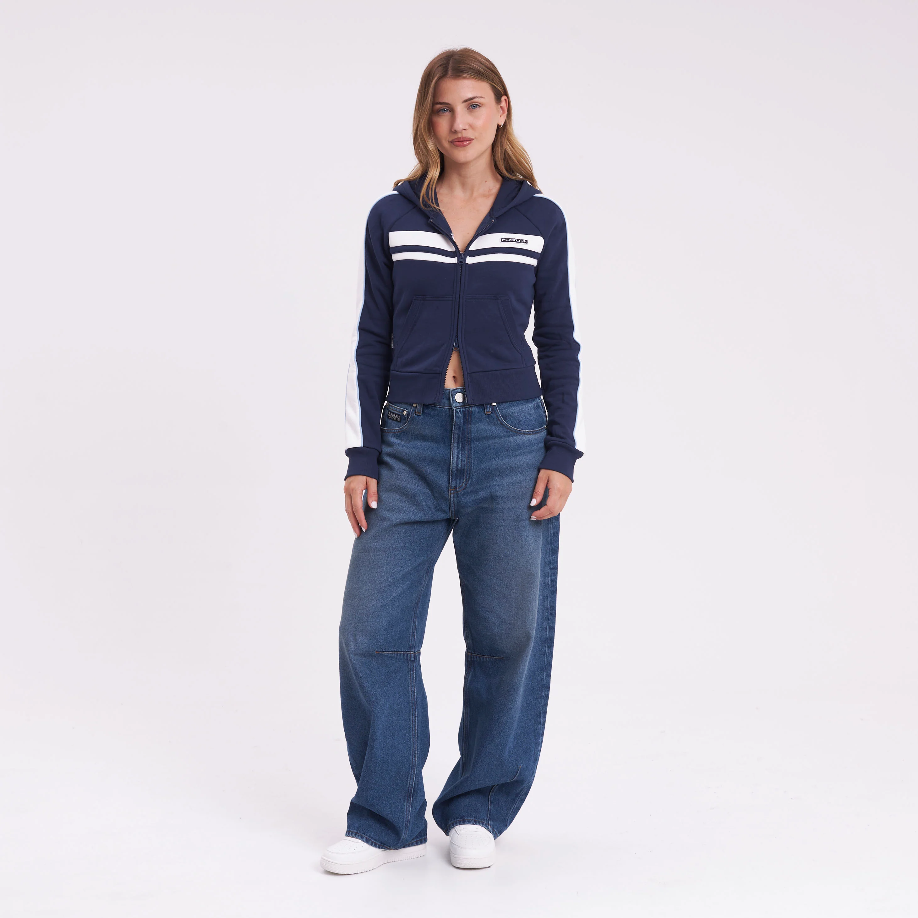 Campera Canguro Rusty Retro Lines Zip Through Hooded Fleece Navy Blue - Image 9