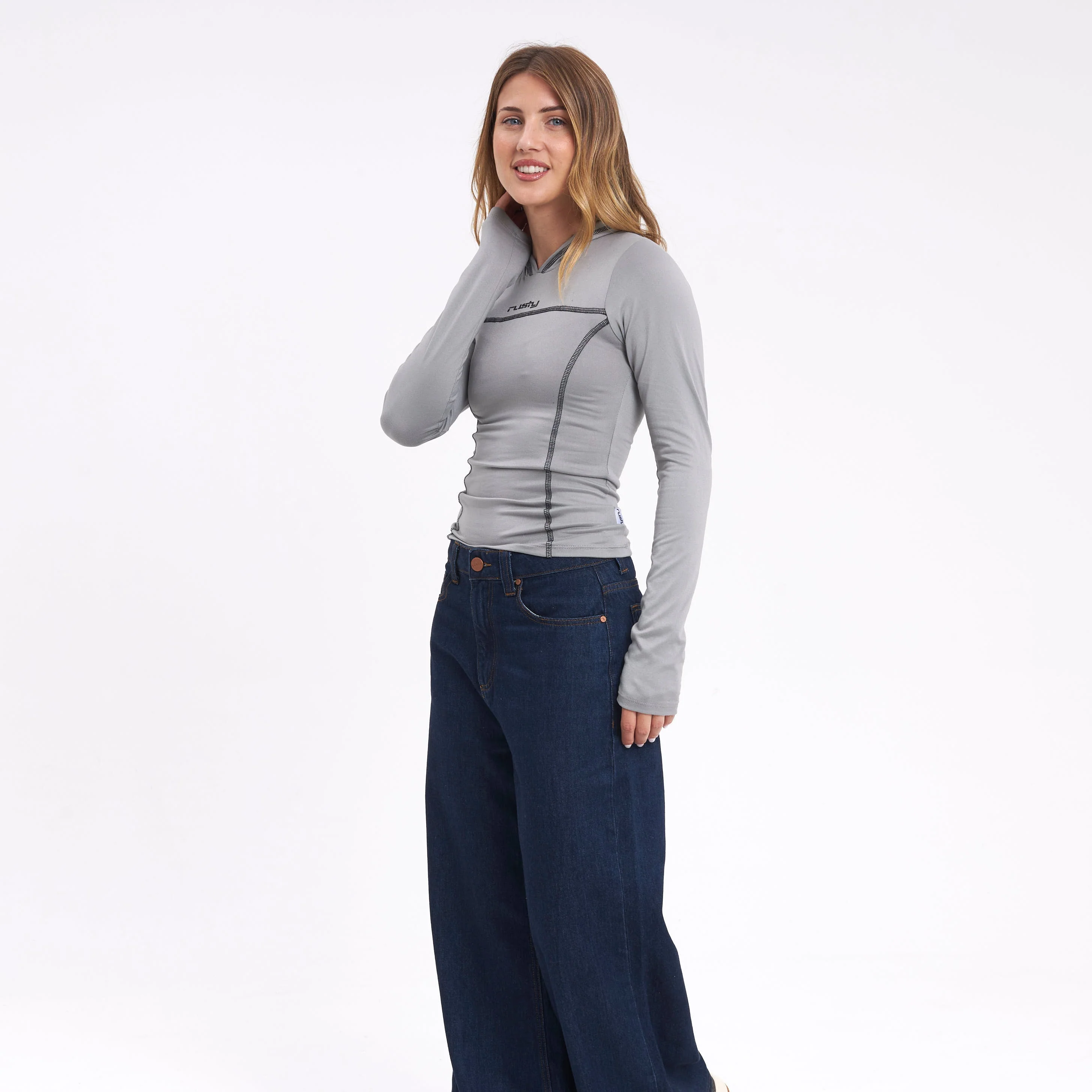 Fashion Top Rusty Hide Hood Ls Tee Steel Grey - Image 3