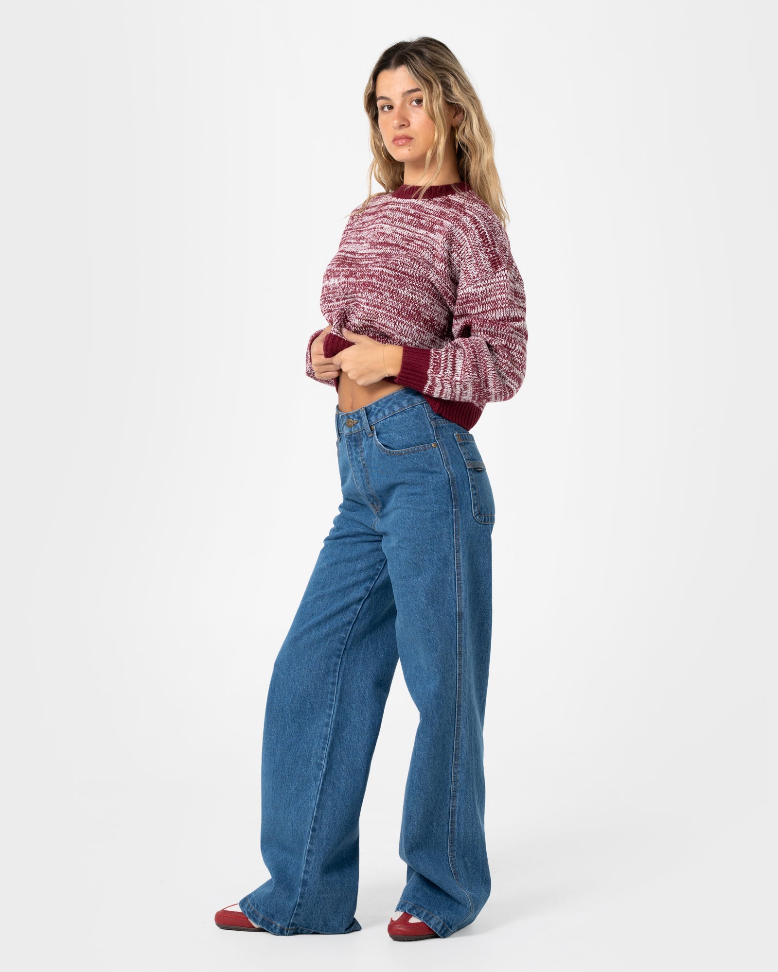 Sweater Rusty Marcy Crop L/S Crew Knit Burgundy - Image 3
