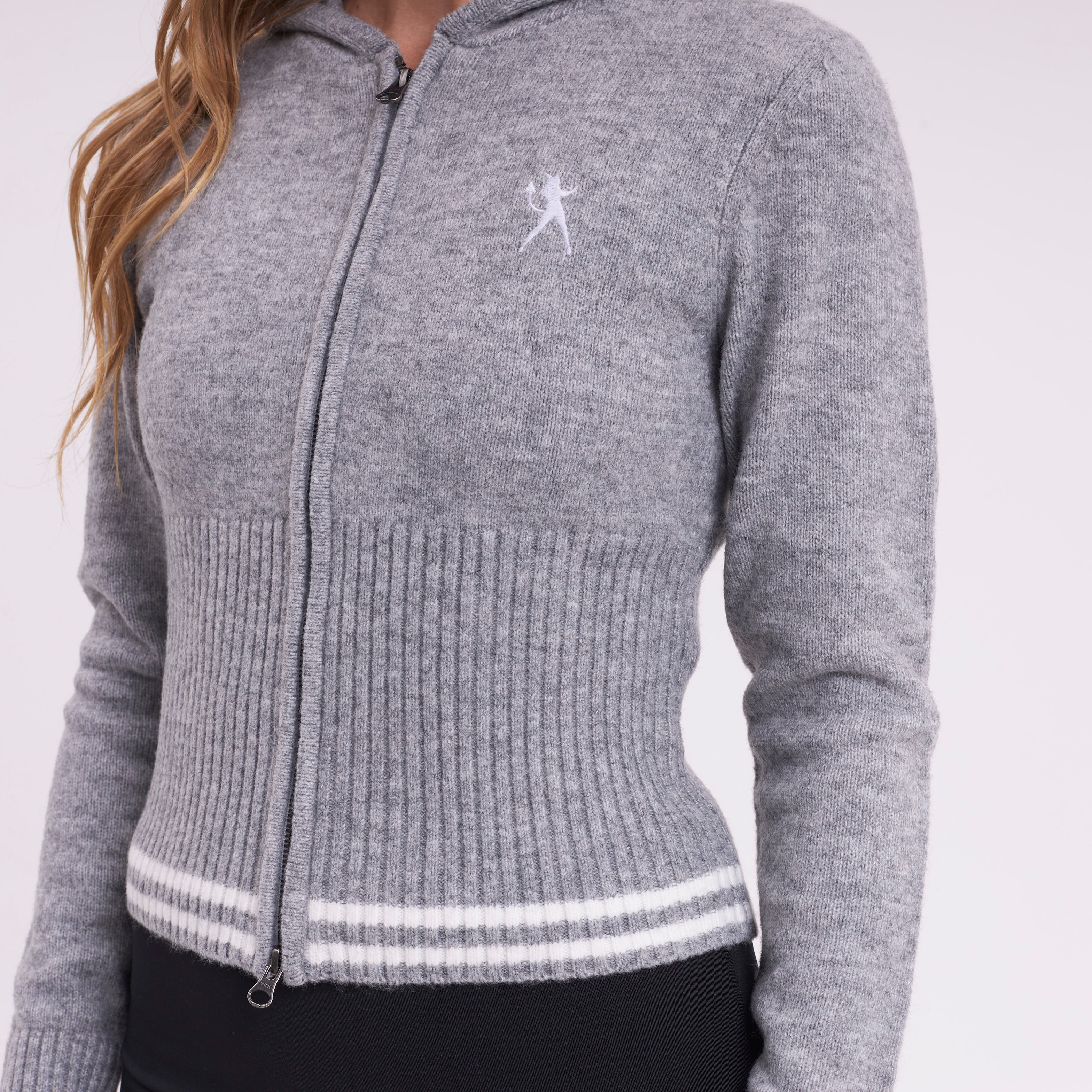 Sweater Rusty Devil Girl Knitted Zip Through Hood Grey Marle - Image 3