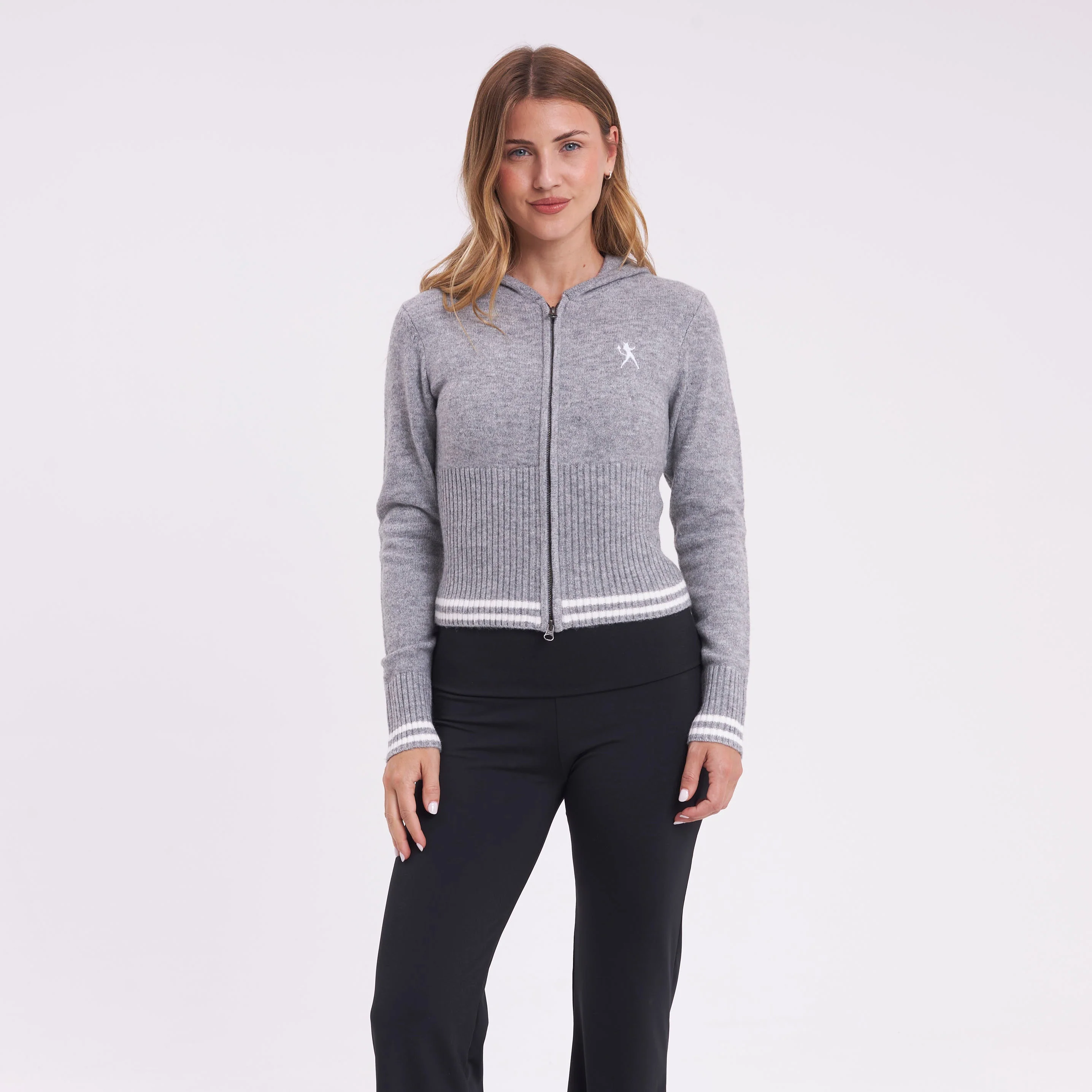 Sweater Rusty Devil Girl Knitted Zip Through Hood Grey Marle - Image 4