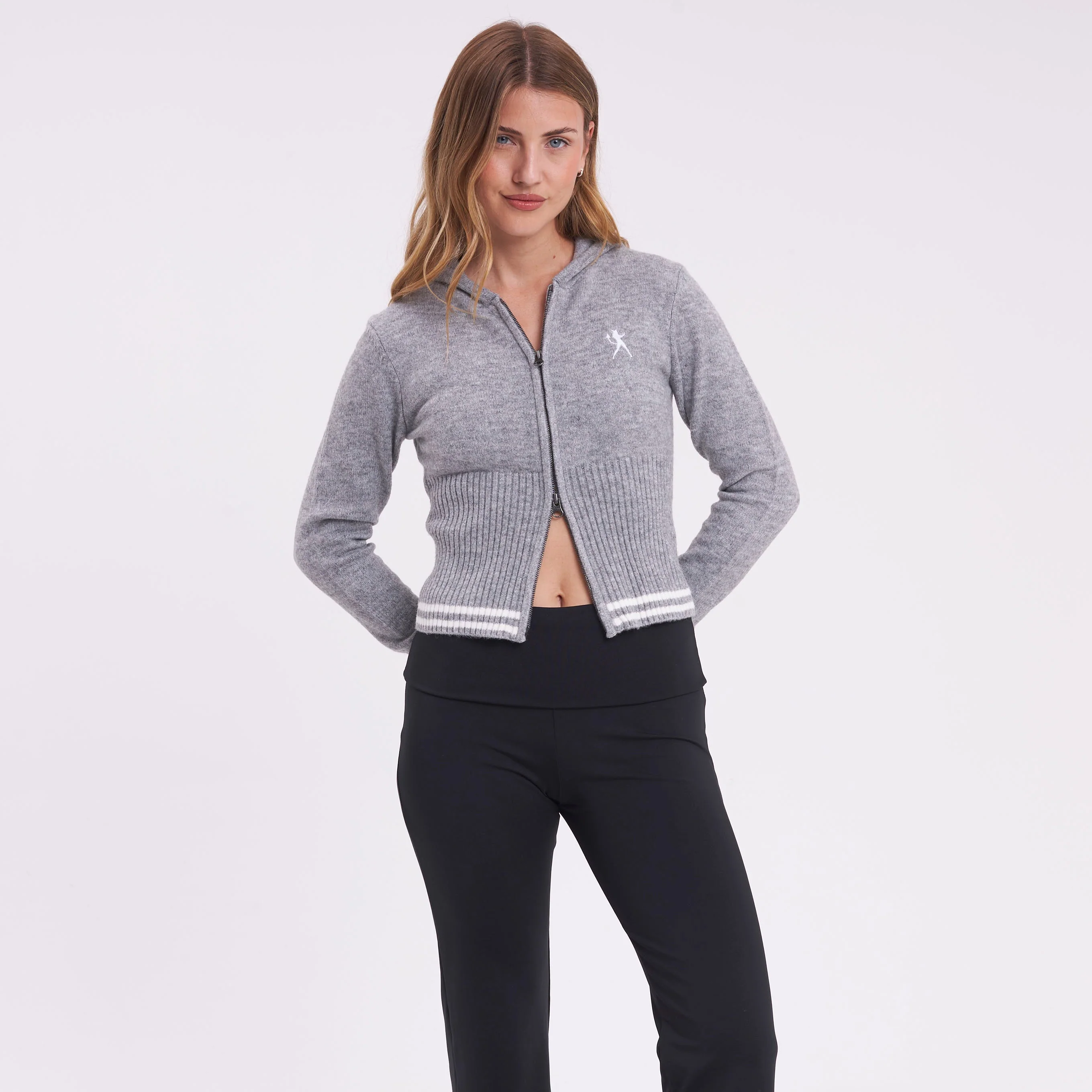 Sweater Rusty Devil Girl Knitted Zip Through Hood Grey Marle - Image 5