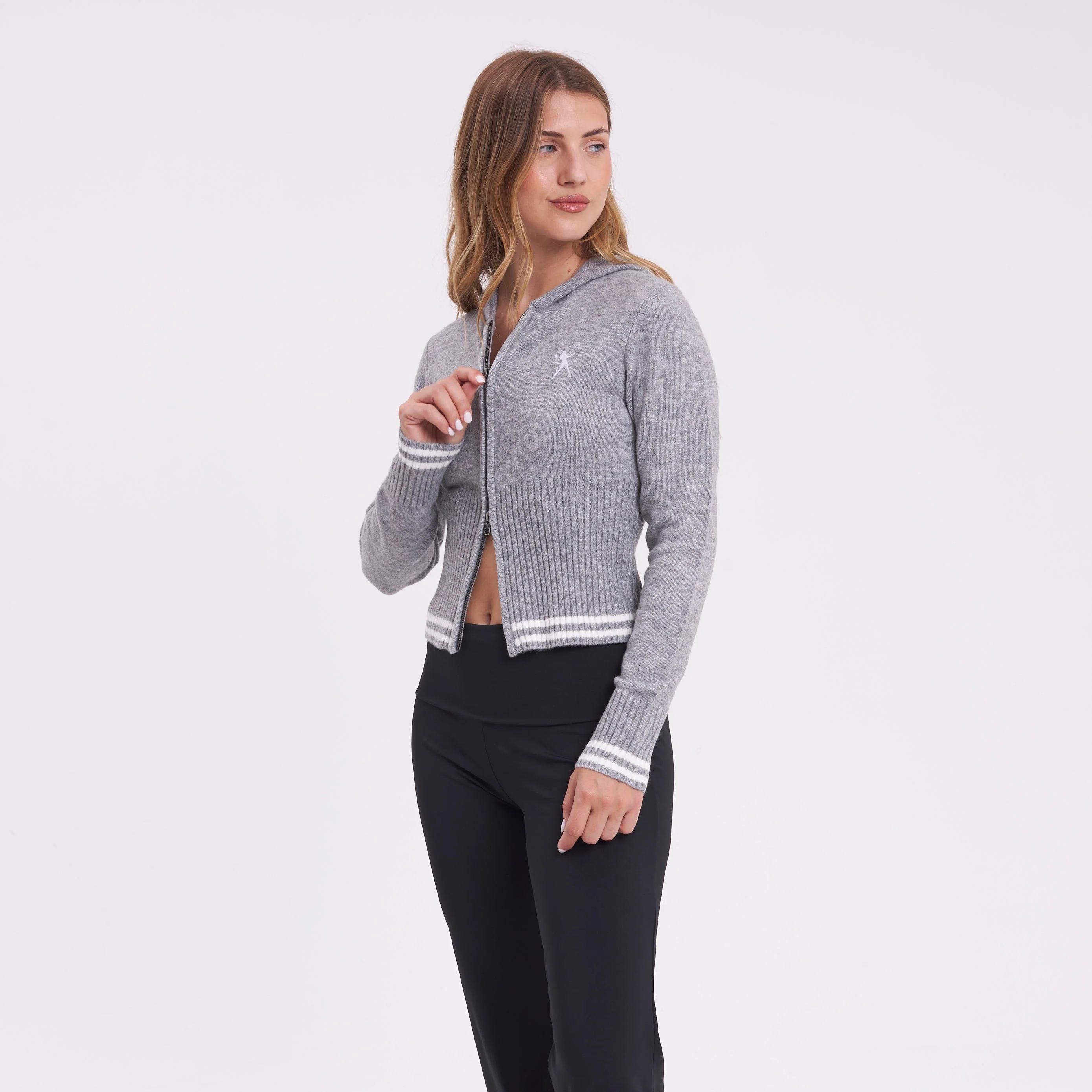 Sweater Rusty Devil Girl Knitted Zip Through Hood Grey Marle - Image 6